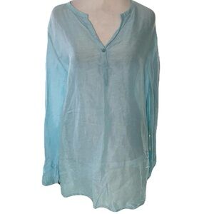 Eileen Fisher Women’s Medium Light Aqua Blue Linen Silk Blend Henley Tunic Top